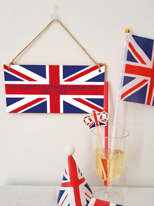 The Plum Penguin Handmade Wooden Hanging Wall Plaque Celebrate 70 Years Queen's Platinum Jubilee 2022 Union Jack Decorative Memorabilia Street Party