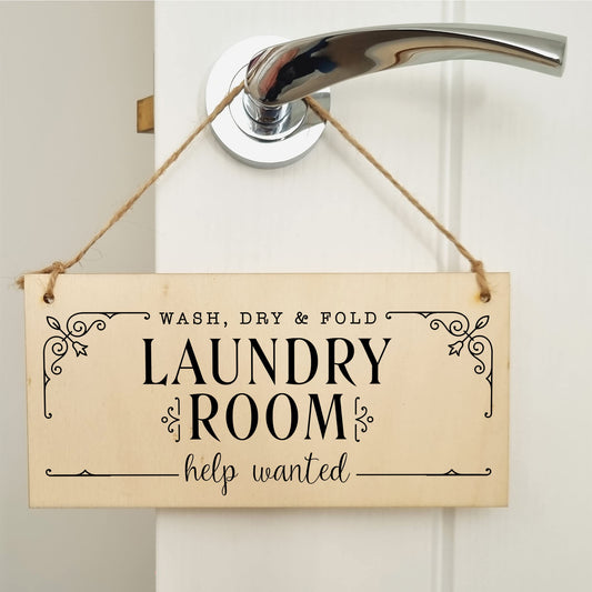 The Plum Penguin Handmade Wooden Hanging Wall Plaque wash.dry.fold Laundry Room Help Wanted Funny Decorative Sign Gift for Mum