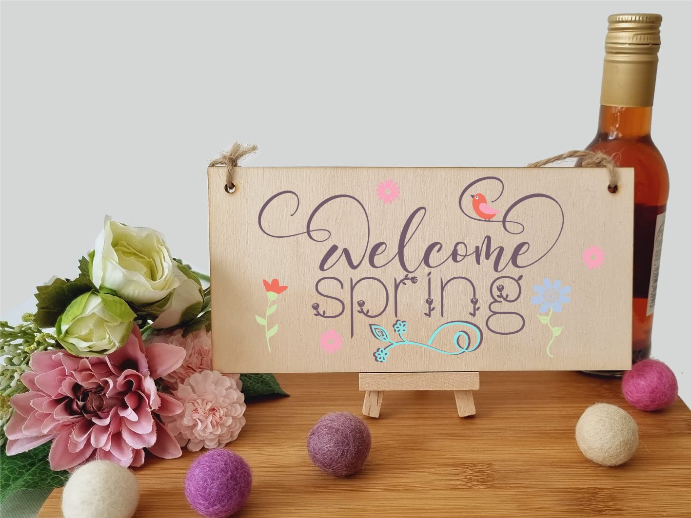 The Plum Penguin Handmade Wooden Hanging Wall Plaque Welcome Spring Cute Fun Easter Sign Springtime Garden Kitchen Decoration