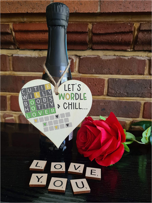 The Plum Penguin Handmade Wooden Hanging Heart Plaque Gift Lets Wordle and Chill Funny Rude Play on Words Boyfriend Girlfriend