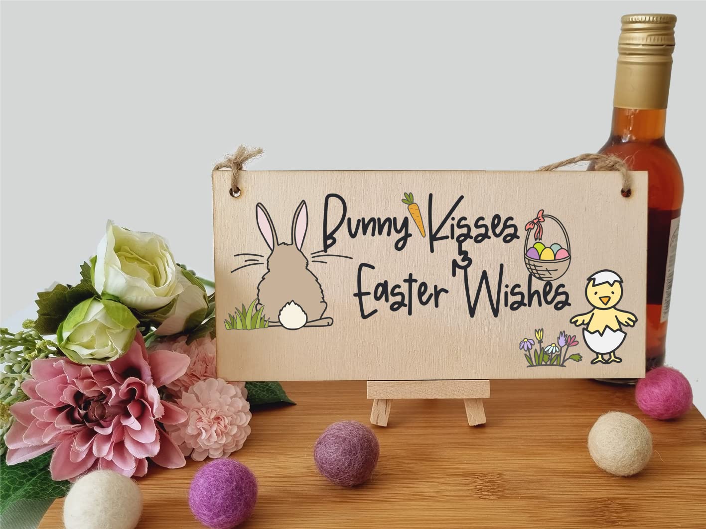 The Plum Penguin Handmade Wooden Hanging Wall Plaque Bunny Kisses Easter Wishes Cute Fun Easter Sign Garden Kitchen Decoration