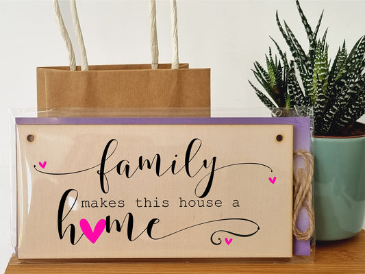 The Plum Penguin Handmade Wooden Hanging Wall Plaque Family Makes this Houose a Home Decorative Sentimental Sign Gift Family