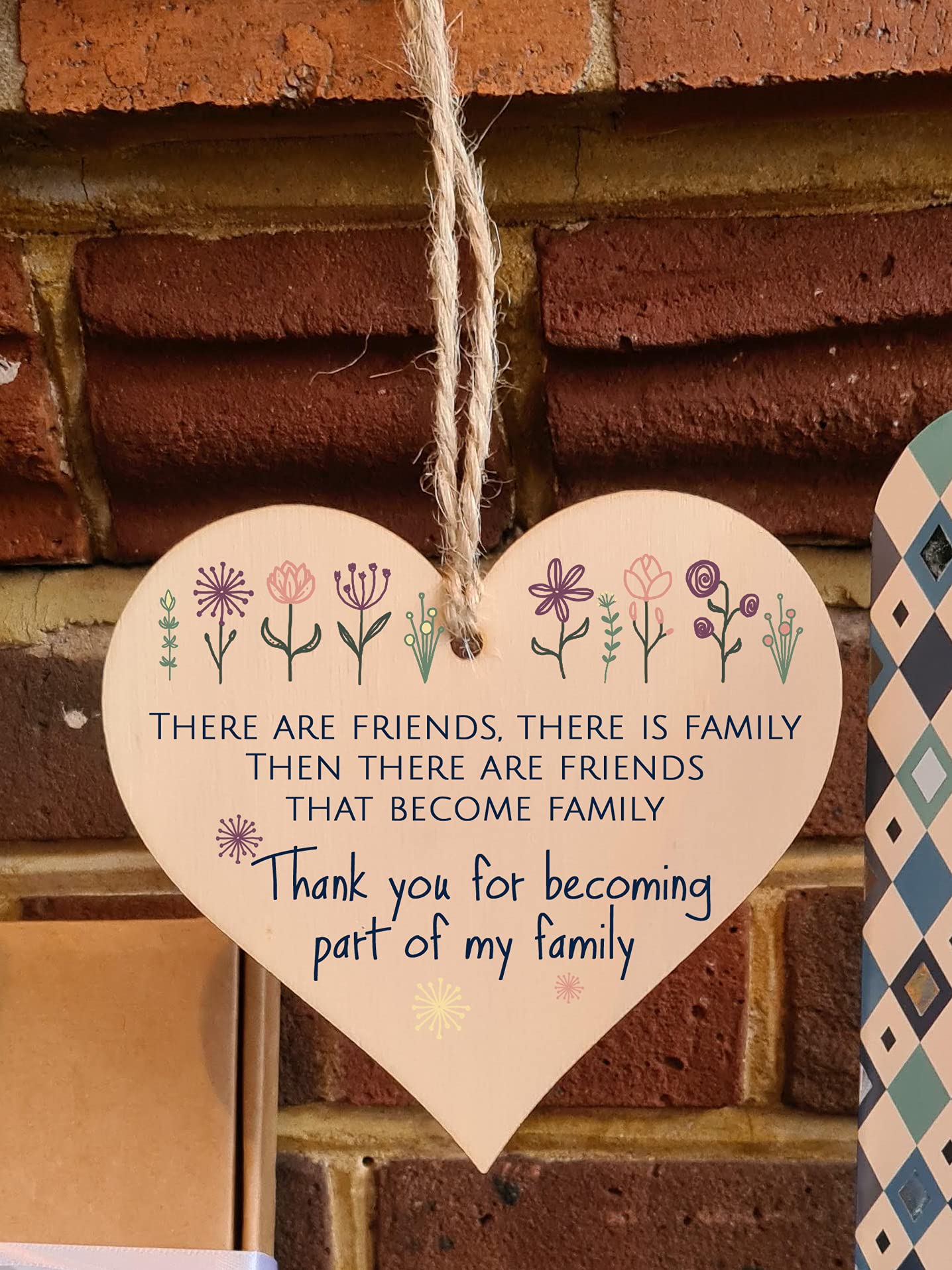 The Plum Penguin Handmade Wooden Hanging Heart Plaque Gift Friends Become Family Thank You Inspirational Wall Hanger Card Alternative Friendship Family
