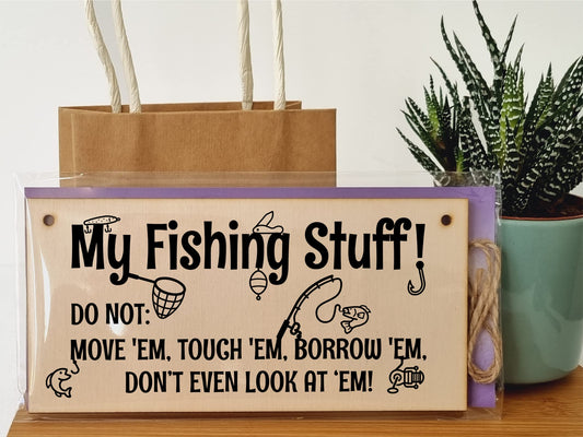 The Plum Penguin Handmade Wooden Hanging Wall Plaque My Fishing Stuff Don't Touch Funny Sign for Keen Anglers Shed Sign