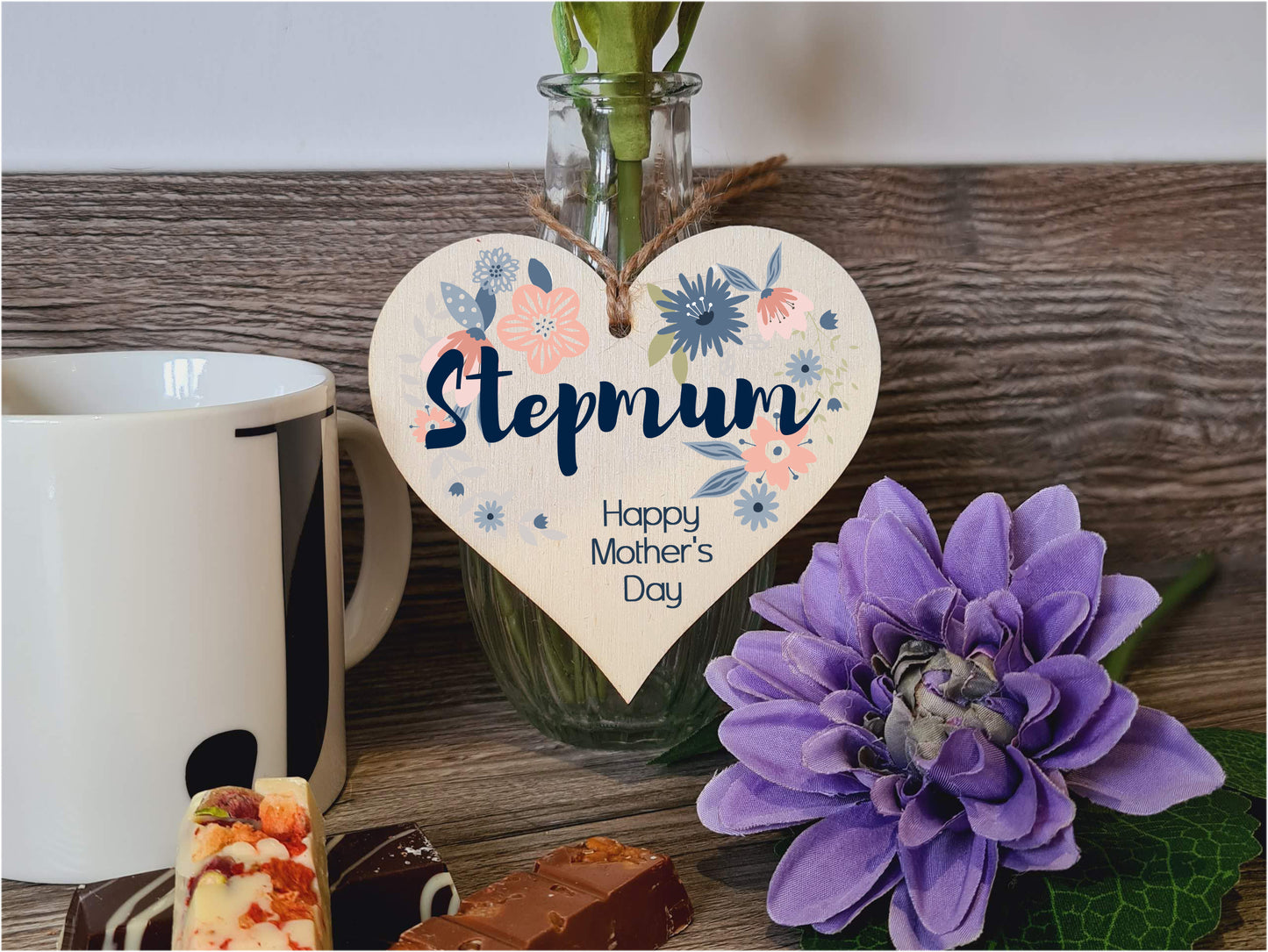 Handmade Wooden Hanging Heart Plaque Mother's Day Gift perfect for Stepmum stylish floral celebration card alternative from step daughter son children beautiful thoughtful keepsake