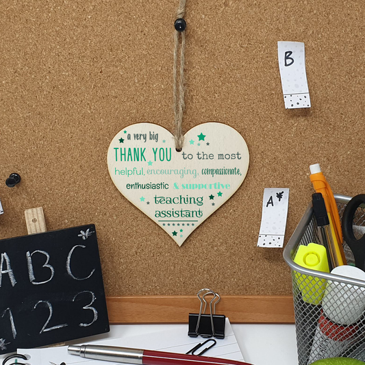 Handmade Wooden Hanging Heart Plaque Gift Very Big Thank You Teaching Assistant card alternative present from child funky wording