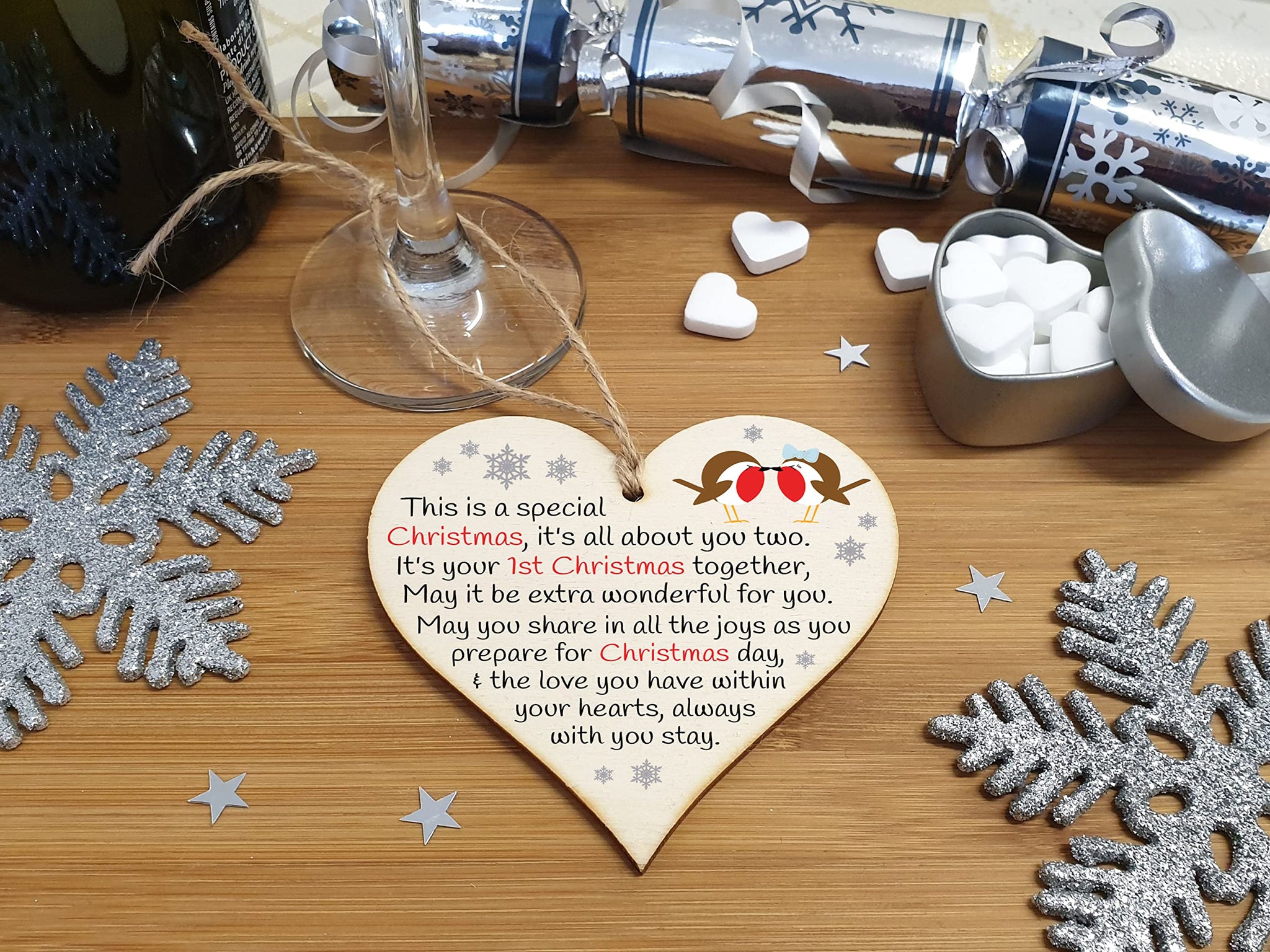 Handmade Christmas Hanging Wooden Heart Plaque Decoration Gift for newlyweds couples 1st Xmas together