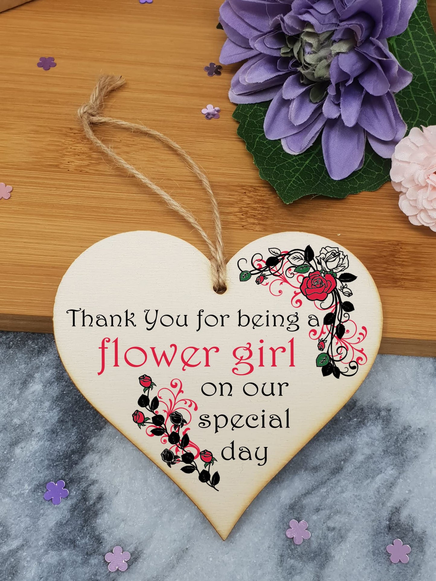 Handmade Wooden Hanging Heart Plaque Gift Thank You for Being My Flower Girl Wedding Novelty Keepsake
