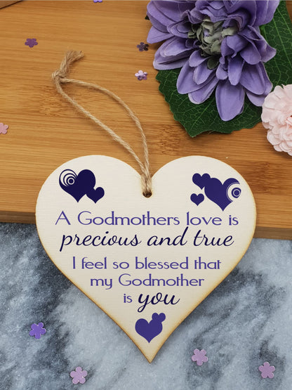 Handmade Wooden Hanging Heart Plaque Gift for precious and Special Godmothers Novelty Keepsake