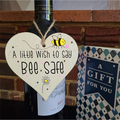 The Plum Penguin Handmade Wooden Hanging Heart Plaque Gift a little wish to say Bee Safe novelty window wall hanger gift friends family stay safe word play bumble bee saying