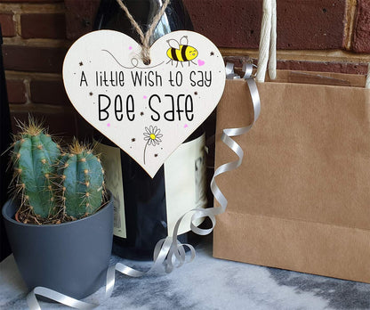 The Plum Penguin Handmade Wooden Hanging Heart Plaque Gift a little wish to say Bee Safe novelty window wall hanger gift friends family stay safe word play bumble bee saying