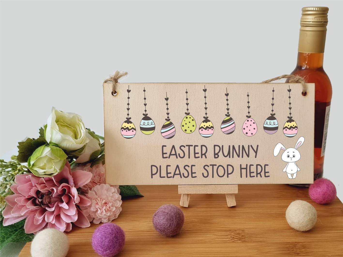 The Plum Penguin Handmade Wooden Hanging Wall Plaque Easter Bunny Please Stop Here Cute Fun Easter Sign Garden Kitchen Decoration