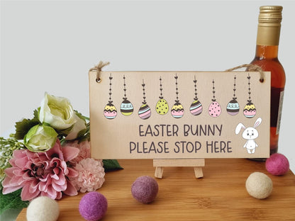 The Plum Penguin Handmade Wooden Hanging Wall Plaque Easter Bunny Please Stop Here Cute Fun Easter Sign Garden Kitchen Decoration