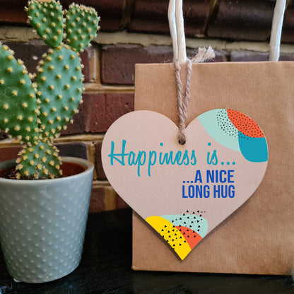 The Plum Penguin Handmade Wooden Hanging Heart Plaque Gift Happiness is HugInspirational Wall Hanger Card Alternative Friendship Family