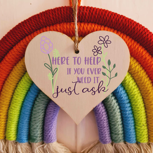 Here to Help Just Ask Hanging Heart Wooden Sign Home Decoration Card Alternative