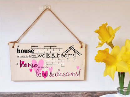 The Plum Penguin Handmade Wooden Hanging Wall Plaque House is Made from Walls and Beams Home Love Dreams Sentimental Family