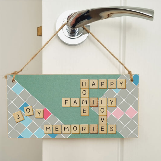 The Plum Penguin Handmade Wooden Hanging Wall Plaque Happy Home Family Memories Love Joy Scrabble Decorative Sign Family