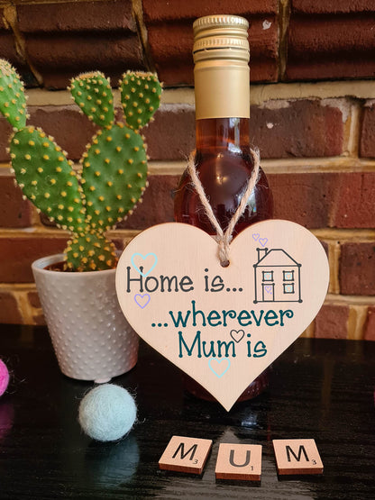 The Plum Penguin Handmade Wooden Hanging Heart Plaque Home is wherever mum is loving thoughtful sewing craft design keepsake card alternative from daughter son