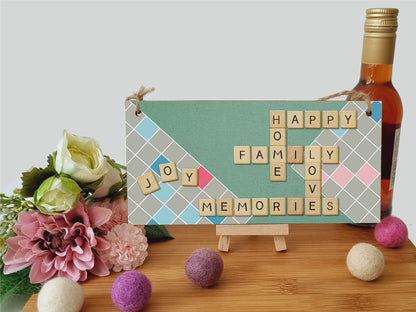 The Plum Penguin Handmade Wooden Hanging Wall Plaque Happy Home Family Memories Love Joy Scrabble Decorative Sign Family