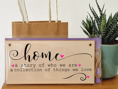 The Plum Penguin Handmade Wooden Hanging Wall Plaque Home a Story of Who We Are Things We Love Decorative Sentimental Sign Family