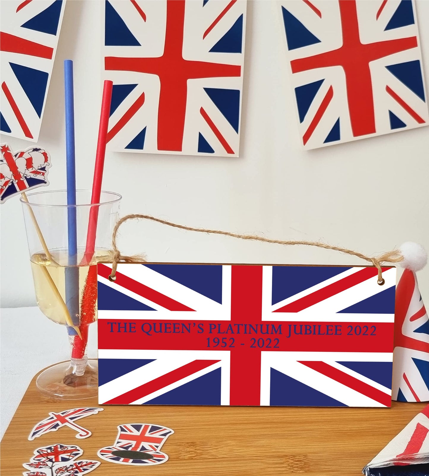 The Plum Penguin Handmade Wooden Hanging Wall Plaque Celebrate 70 Years Queen's Platinum Jubilee 2022 Union Jack Decorative Memorabilia Street Party
