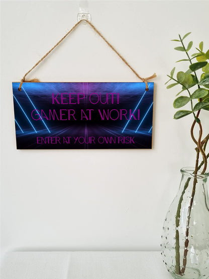 The Plum Penguin Handmade Wooden Hanging Wall Plaque Keep Out Gamer at Work Novelty Gift Gamers Computer Game Fans Man Cave Sign