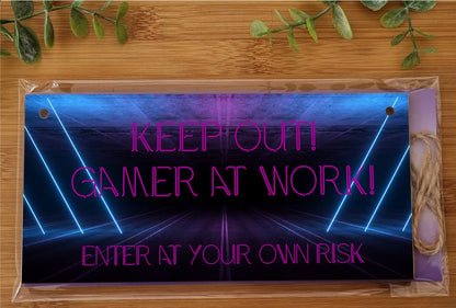 The Plum Penguin Handmade Wooden Hanging Wall Plaque Keep Out Gamer at Work Novelty Gift Gamers Computer Game Fans Man Cave Sign