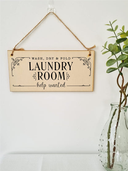 The Plum Penguin Handmade Wooden Hanging Wall Plaque wash.dry.fold Laundry Room Help Wanted Funny Decorative Sign Gift for Mum