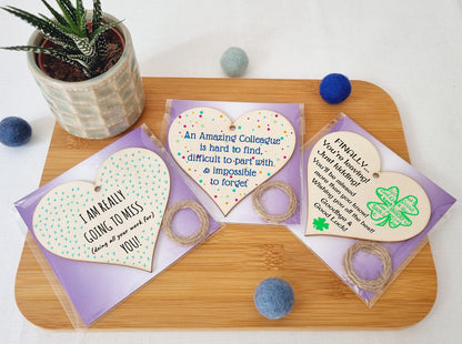The Plum Penguin Set of 3 Hanging Decorations Wooden Hearts Leaving Card Gift Office | Amazing Colleague Impossible to Forget | Finally Leaving