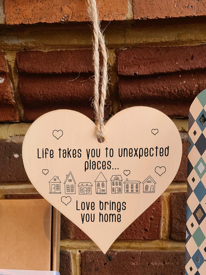 The Plum Penguin Handmade Wooden Hanging Heart Plaque Gift Life Unexpected Love Home Inspirational Wall Hanger Card Alternative Friendship Family