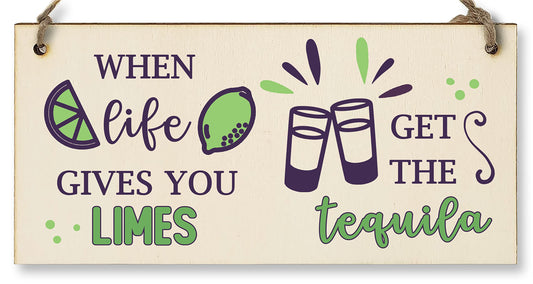 The Plum Penguin Handmade Wooden Hanging Wall Plaque When Life Gives You Limes Tequila Funny Novelty Alcohol Sign Home Bar