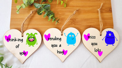 The Plum Penguin Set of 3 Hanging Decorations Wooden Hearts Send Love Friendship Card Gift | Thinking Of You | Miss You Lots | Sending a Hug