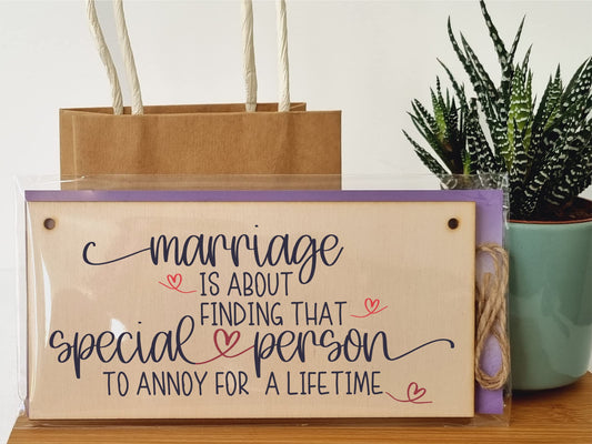 The Plum Penguin Handmade Wooden Hanging Wall Plaque Happy Marriage Special Person Annoy Lifetime Decorative Sign Wedding Gift