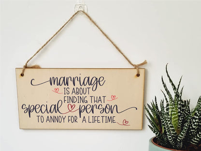 The Plum Penguin Handmade Wooden Hanging Wall Plaque Happy Marriage Special Person Annoy Lifetime Decorative Sign Wedding Gift