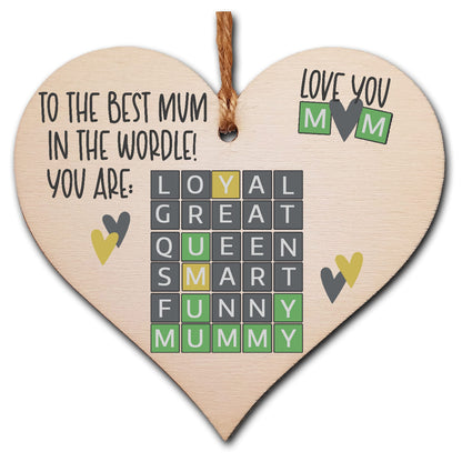 Handmade Wooden Hanging Heart Plaque Gift The Best Mum in the World Wordle Funny Mummy Play on Words