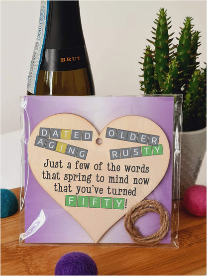 The Plum Penguin Handmade Wooden Hanging Heart Plaque Gift Happy Birthday Fifty Funny Wordle Just a few words that spring to mind