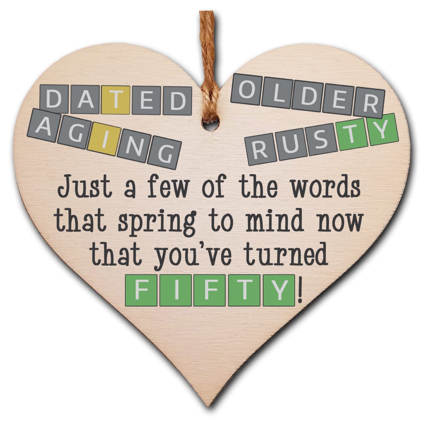 The Plum Penguin Handmade Wooden Hanging Heart Plaque Gift Happy Birthday Fifty Funny Wordle Just a few words that spring to mind
