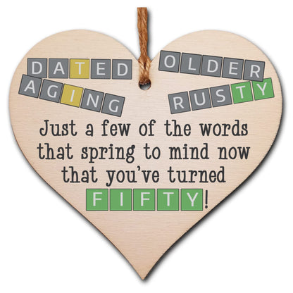 The Plum Penguin Handmade Wooden Hanging Heart Plaque Gift Happy Birthday Fifty Funny Wordle Just a few words that spring to mind