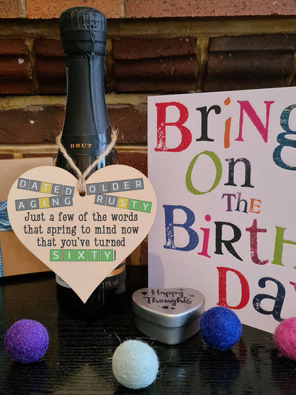 The Plum Penguin Handmade Wooden Hanging Heart Plaque Gift Happy Birthday Sixty Funny Wordle Just a few words that spring to mind