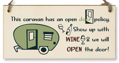The Plum Penguin Handmade Wooden Hanging Wall Plaque Caravn Open Door Policy Bring Wine Funny Friendship Sign for Caravan Camper