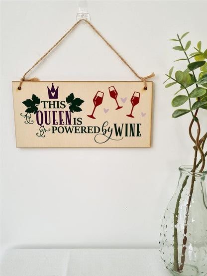 The Plum Penguin This Queen Powered by Wine Funny Novelty Handmade Wooden Hanging Wall Plaque Gift Kitchen Home Bar Sign Decoration