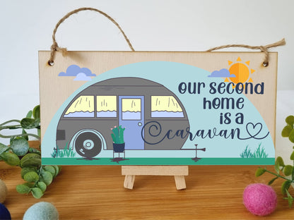 The Plum Penguin Handmade Wooden Hanging Wall Plaque Our Second Home is a Caravan Fun Camping Tent Campervan Adventure Sign