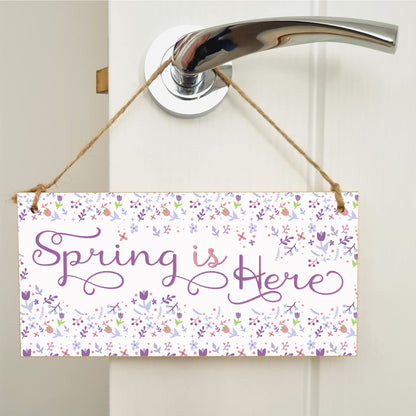 The Plum Penguin Handmade Wooden Hanging Wall Plaque Spring is Here Cute Fun Easter Sign Springtime Garden Kitchen Decoration