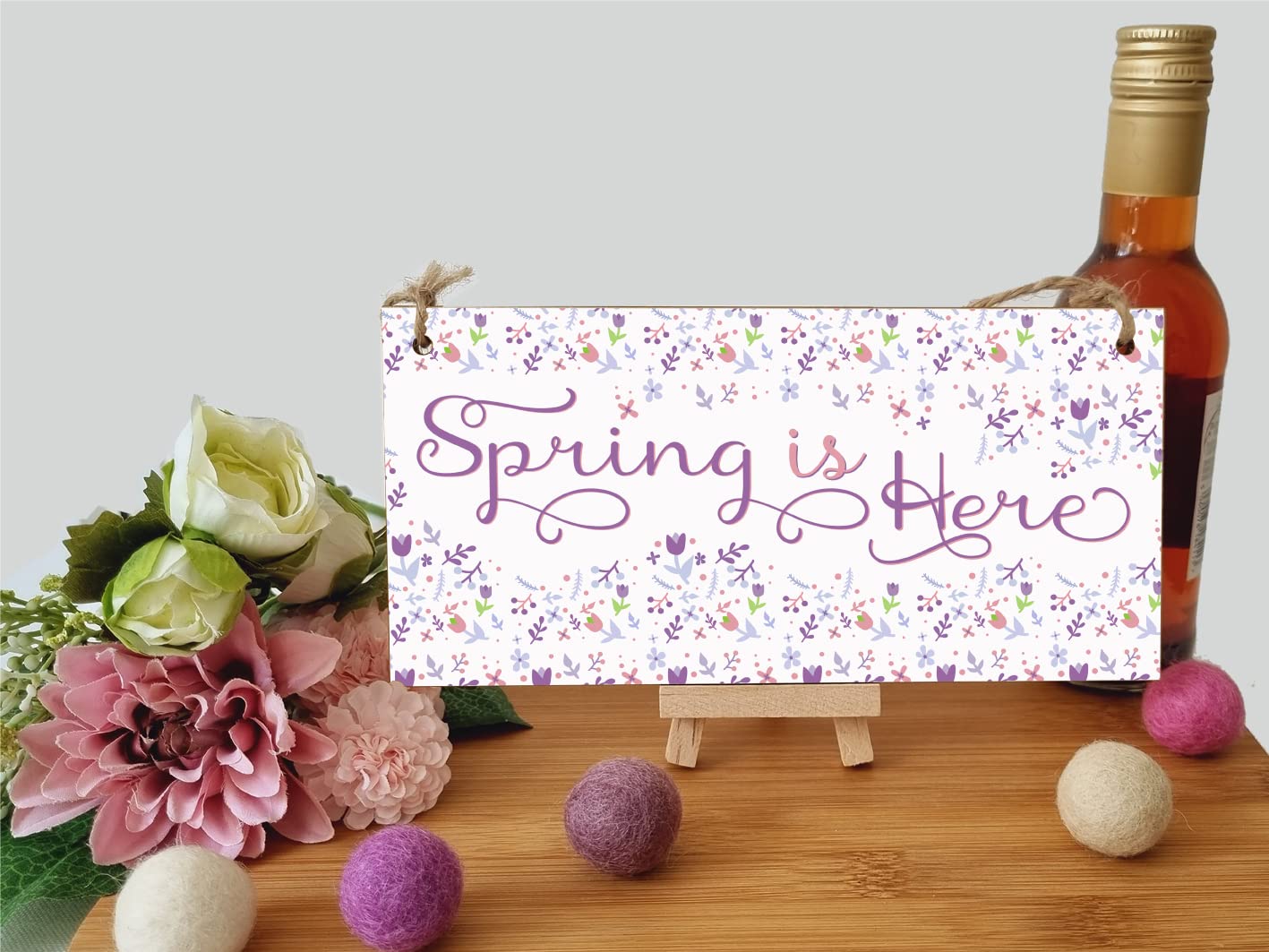 The Plum Penguin Handmade Wooden Hanging Wall Plaque Spring is Here Cute Fun Easter Sign Springtime Garden Kitchen Decoration