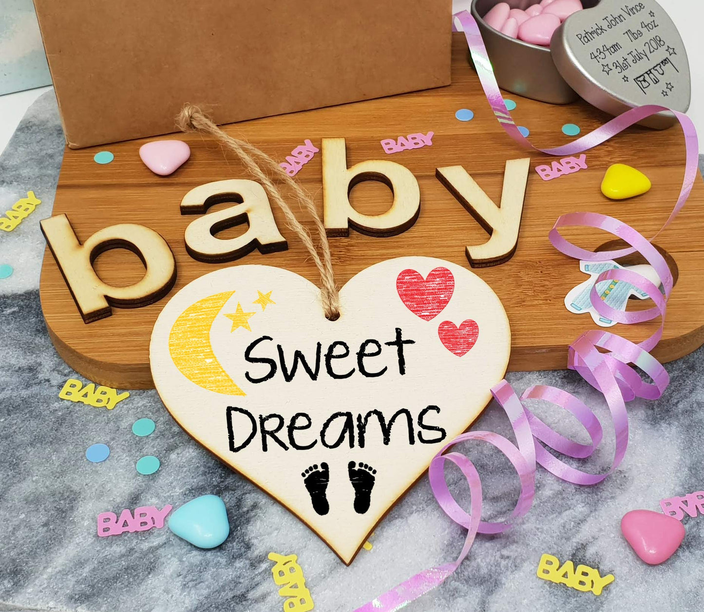 The Plum Penguin Handmade Wooden Hanging Heart Plaque Gift Sweet Dreams new baby present nursery wall decoration for new parents