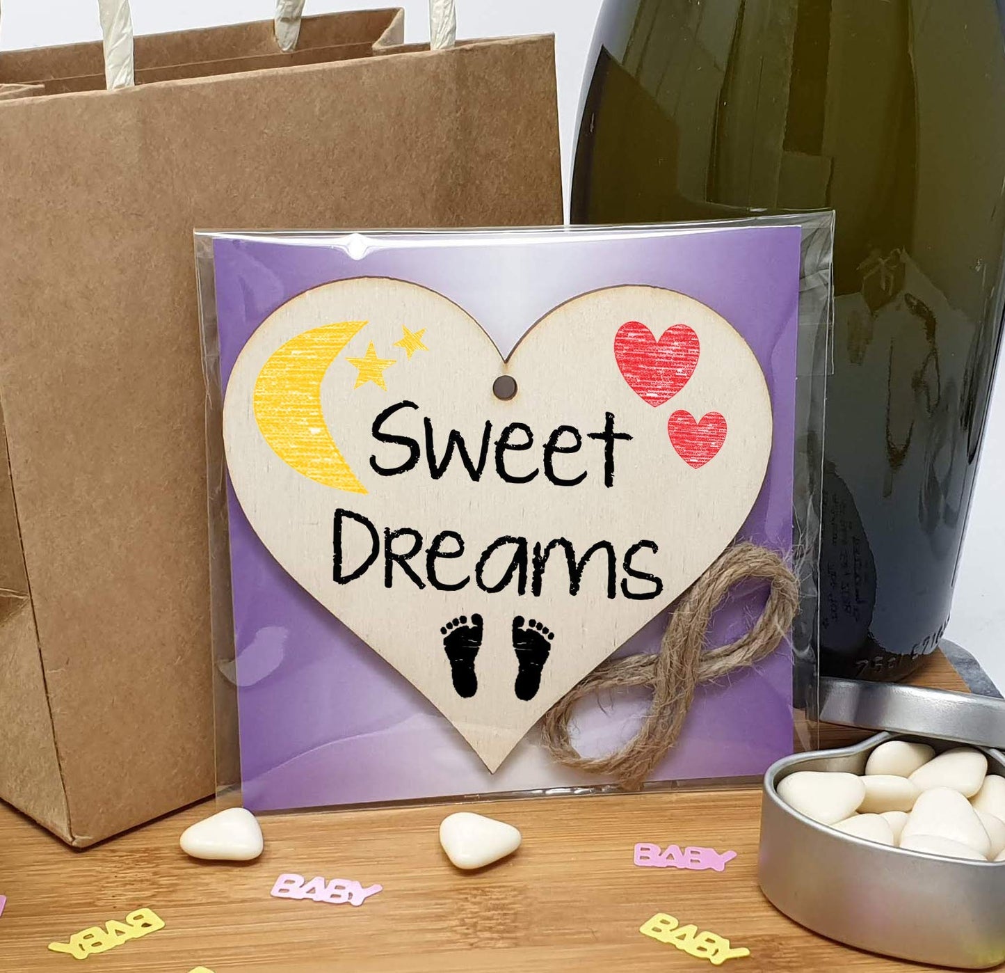 The Plum Penguin Handmade Wooden Hanging Heart Plaque Gift Sweet Dreams new baby present nursery wall decoration for new parents