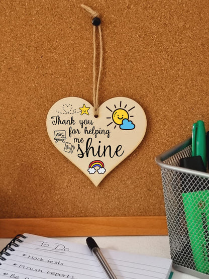 The Plum Penguin Thank You for Helping Me Shine Fun Design Hanging Heart Wooden Decoration End of Term Gift Card Alternative Teacher
