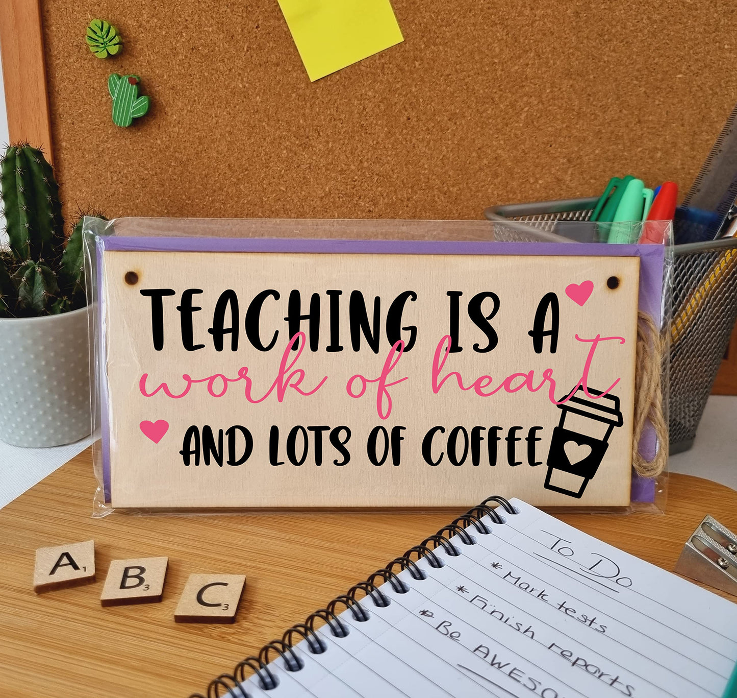 The Plum Penguin Teaching Work of Heart and Coffee Funny Handmade Wooden Hanging Wall Plaque Gift Teacher Teaching Assistant End of Term