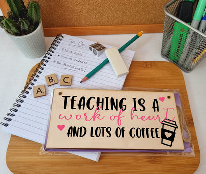 The Plum Penguin Teaching Work of Heart and Coffee Funny Handmade Wooden Hanging Wall Plaque Gift Teacher Teaching Assistant End of Term