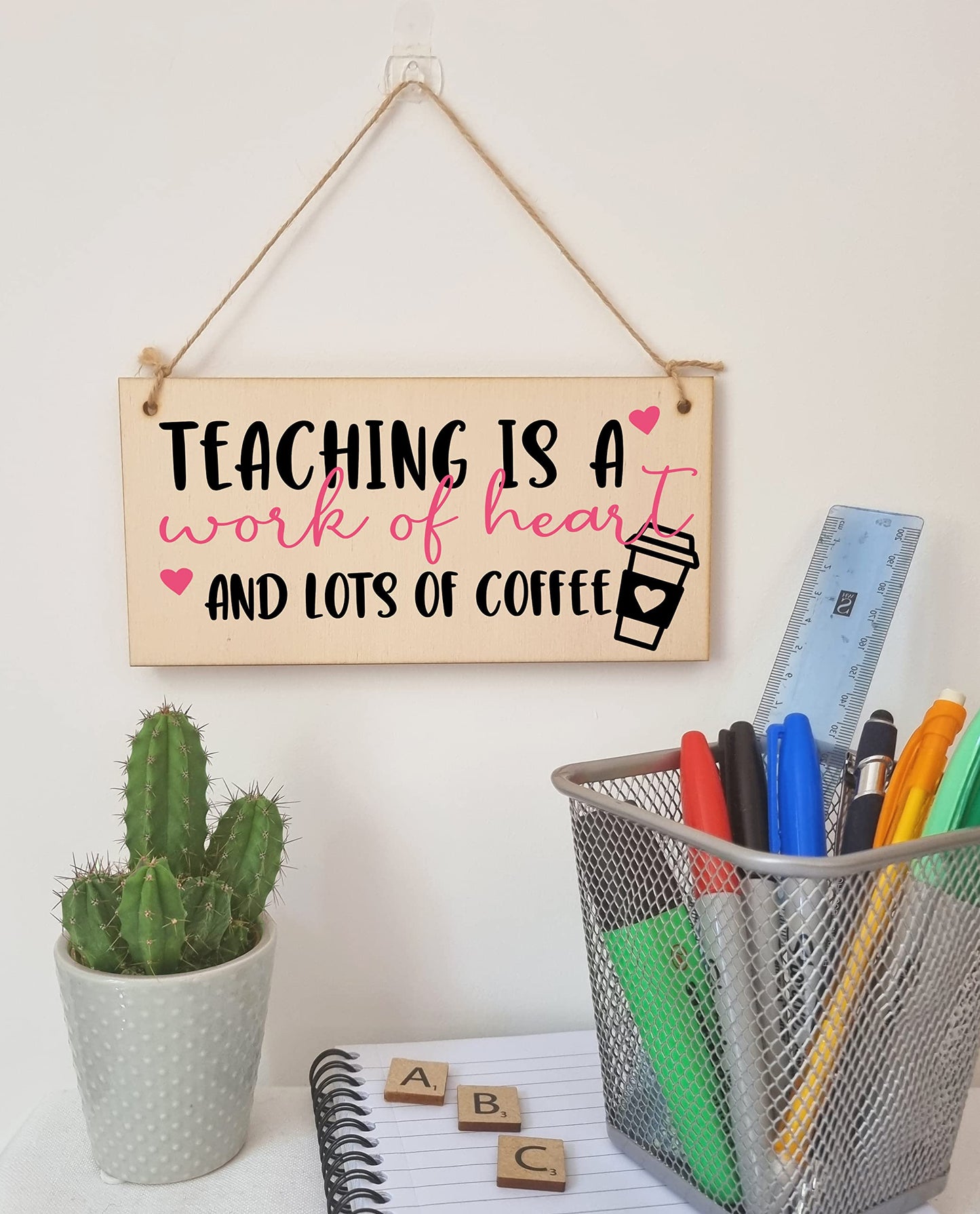 The Plum Penguin Teaching Work of Heart and Coffee Funny Handmade Wooden Hanging Wall Plaque Gift Teacher Teaching Assistant End of Term